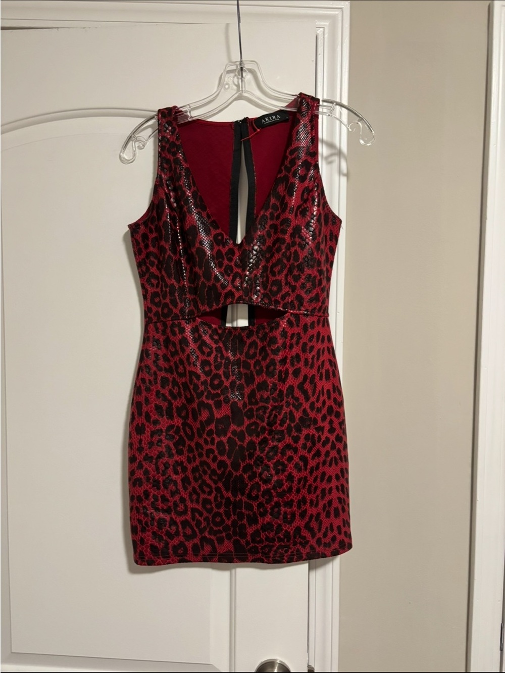 AKIRA, Red Leopard Cutout Mini Dress, Size Small